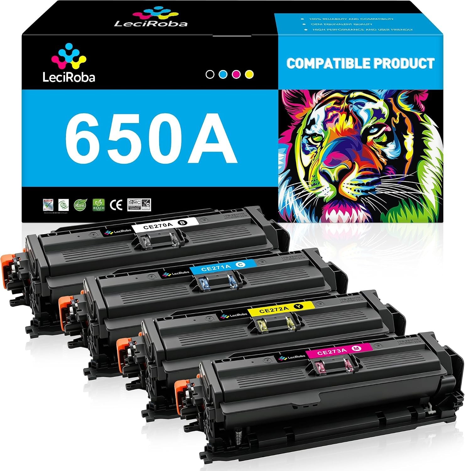 650A CE270A CE271A CE272A CE273A Toner Replacement for HP CP5525dn M750 (4-Pack)