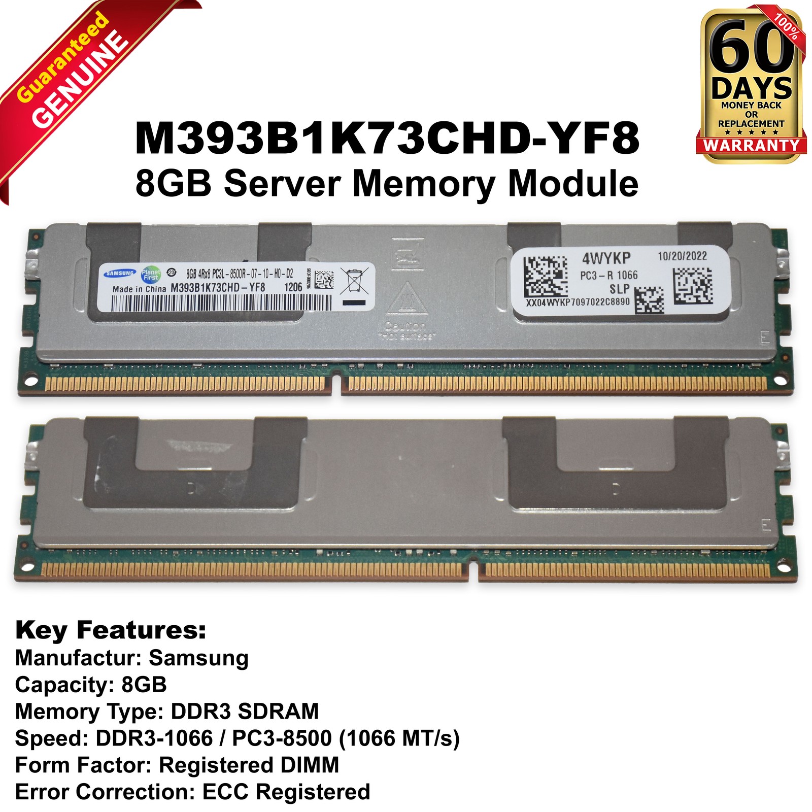 Samsung 32GB 4x8GB 1066MHz DDR3 PC3-8500R 4Rx8 1.35V Server RAM M393B1K73CHD-YF8