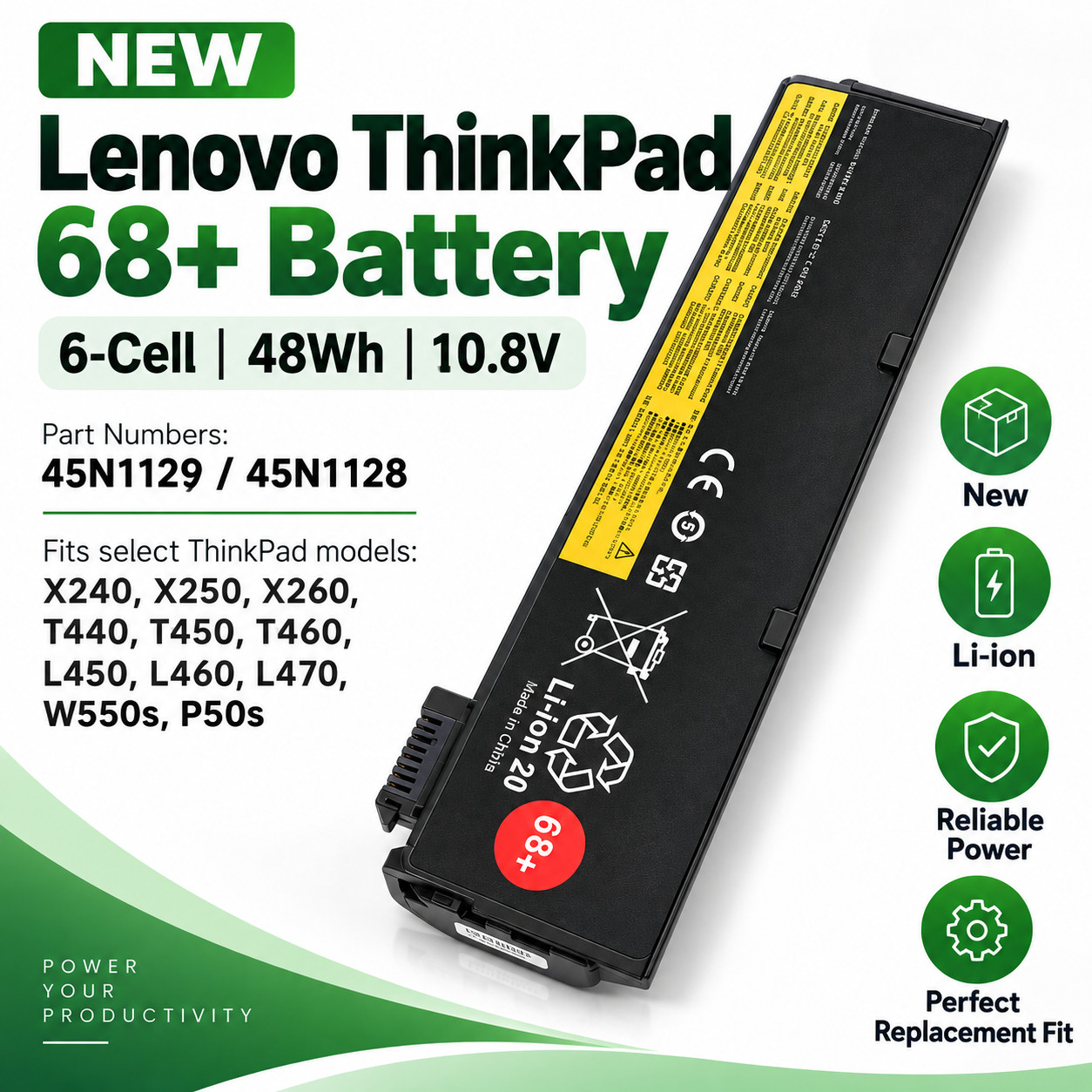 New  Lenovo ThinkPad 68+ Battery 6-Cell 48Wh 10.8V 45N1129 45N1128