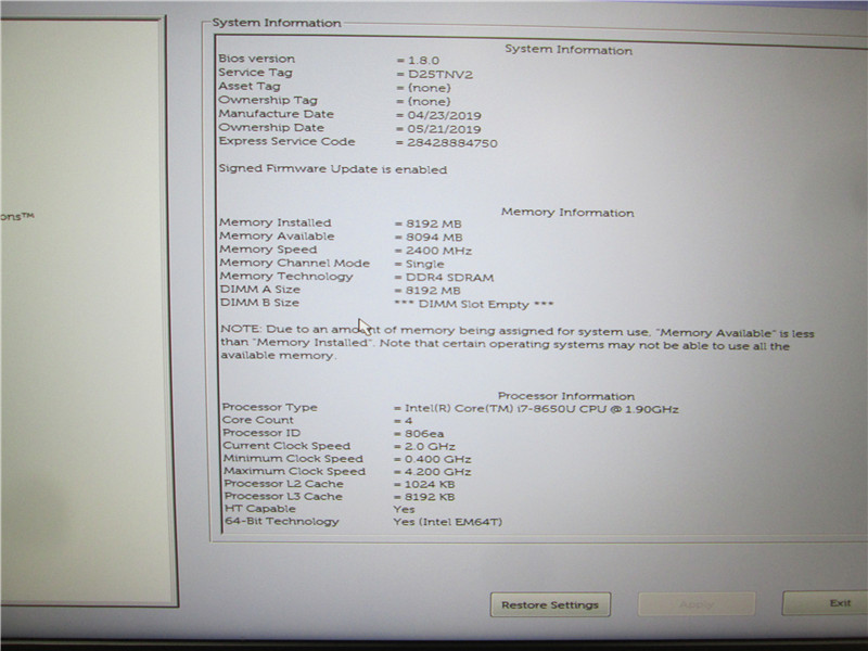 Dell Latitude 7490 Laptop i7-8650U 8GB No HDD Win10 COA Grade C Bad Battery