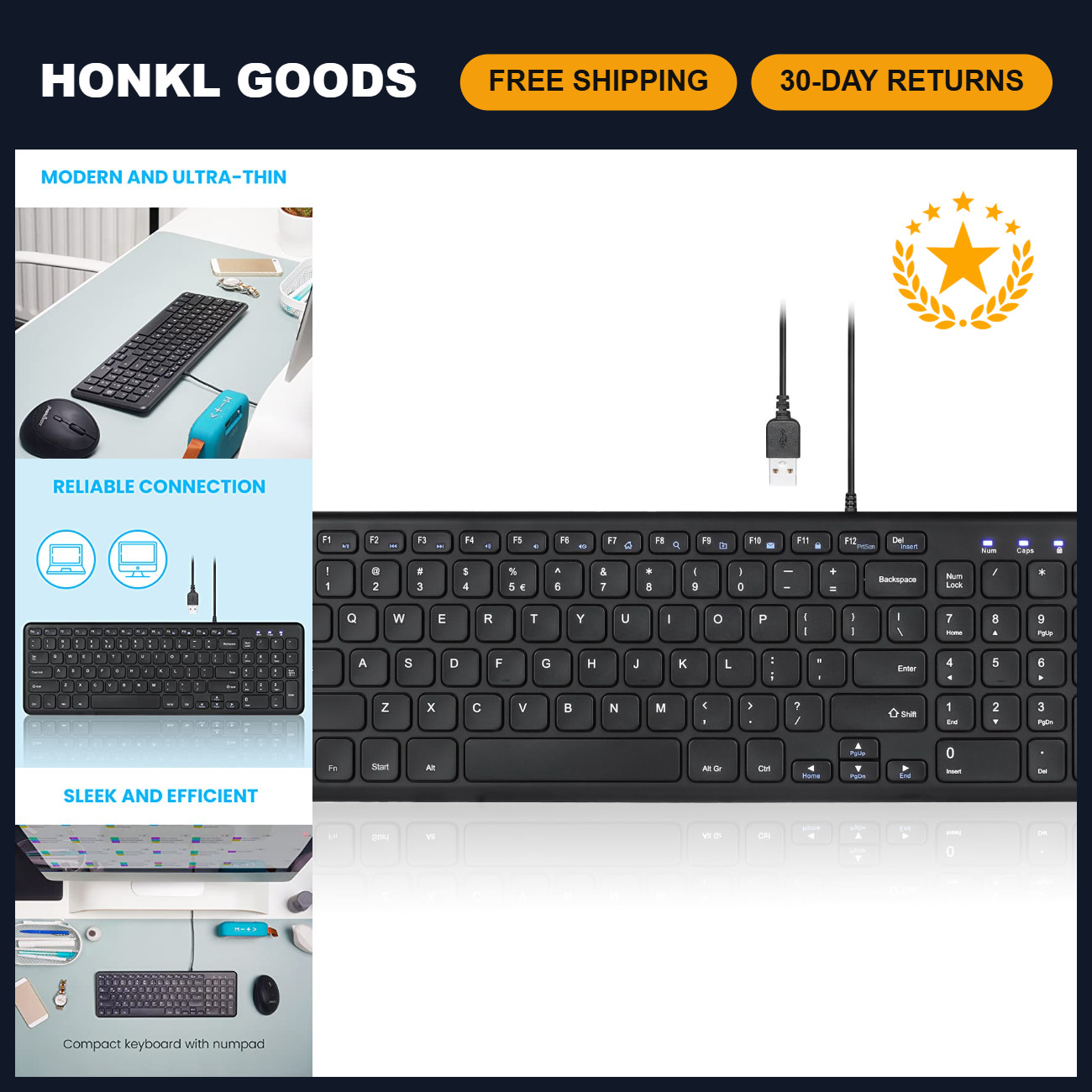 Wired Silent USB Scissor Keyboard, Compact Design with Number Pad, Black, US Lay