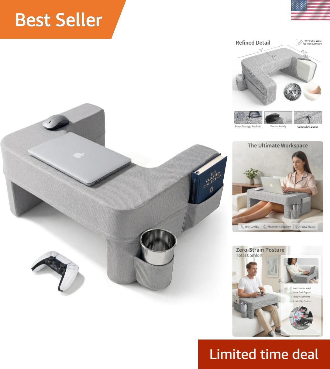 Gray Ergonomic Couch and Bed Desk - Ideal for Reading & Working from Home