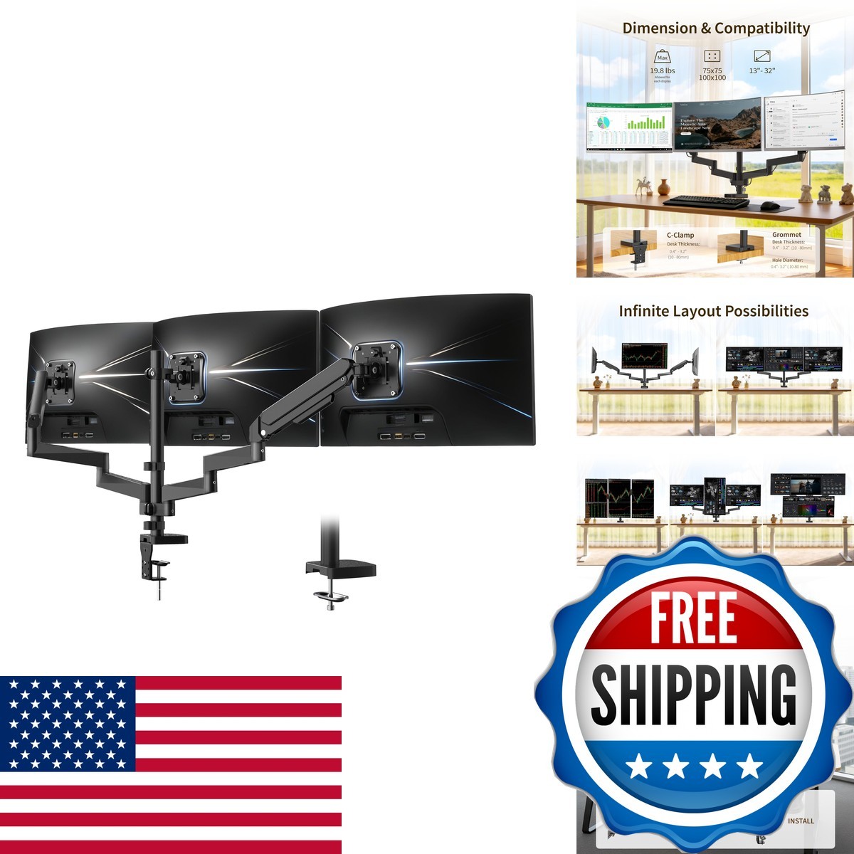 Ergounion Triple Monitor Mount For 13-32" Screens, Monitor Stand Long Arm