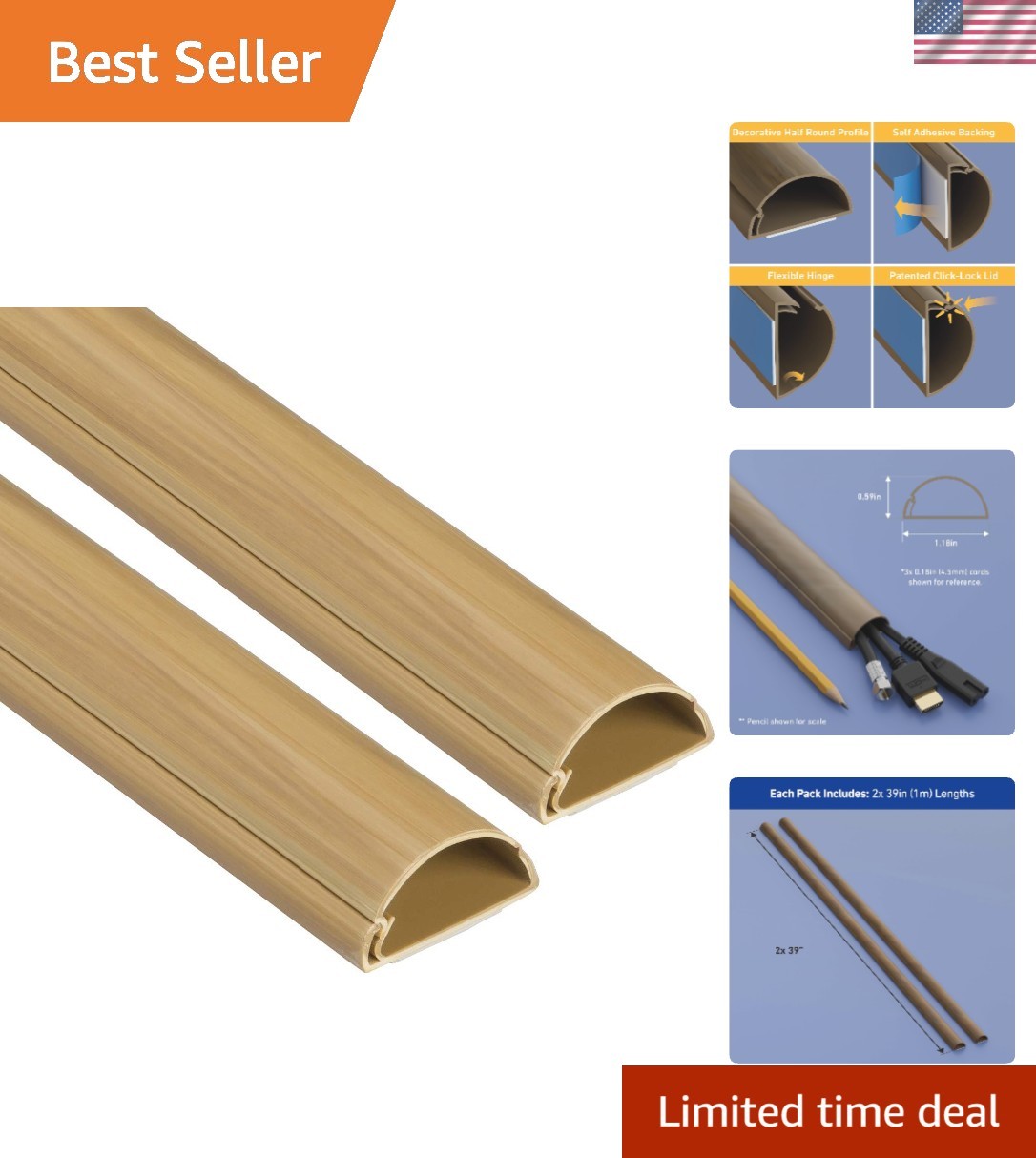 Elegant Wood-Effect Cable Cover - 39in Half Round Raceways for Easy Installation
