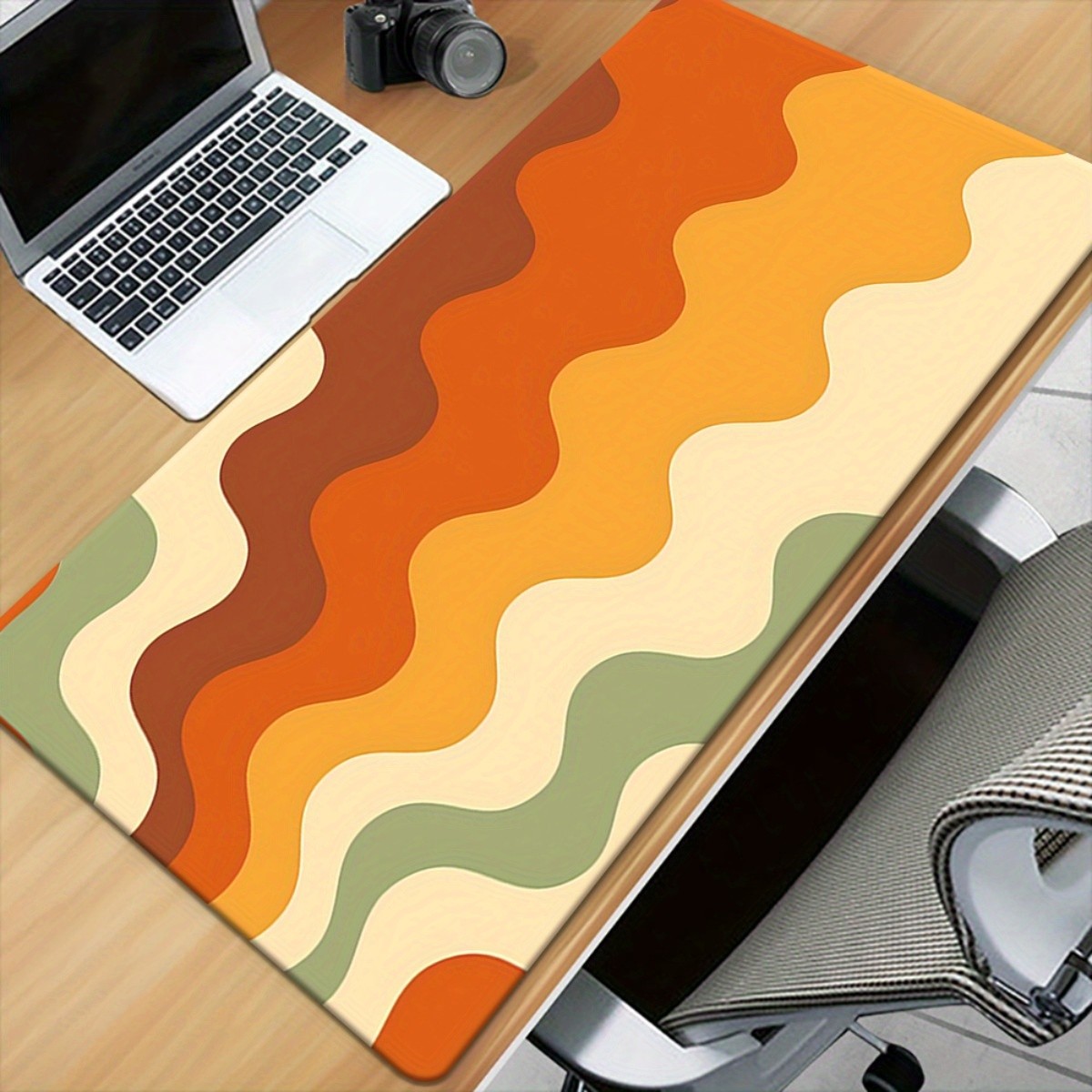 1pc Extra-Large Orange-Brown Wavy Gaming Desk Mat - Non-Slip Rubber Base And M
