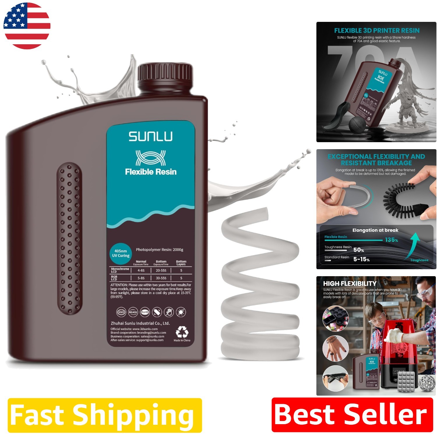 Durable 3D Printing Resin 2KG Gray 70A Bendable Impact Resistant Leak-Proof