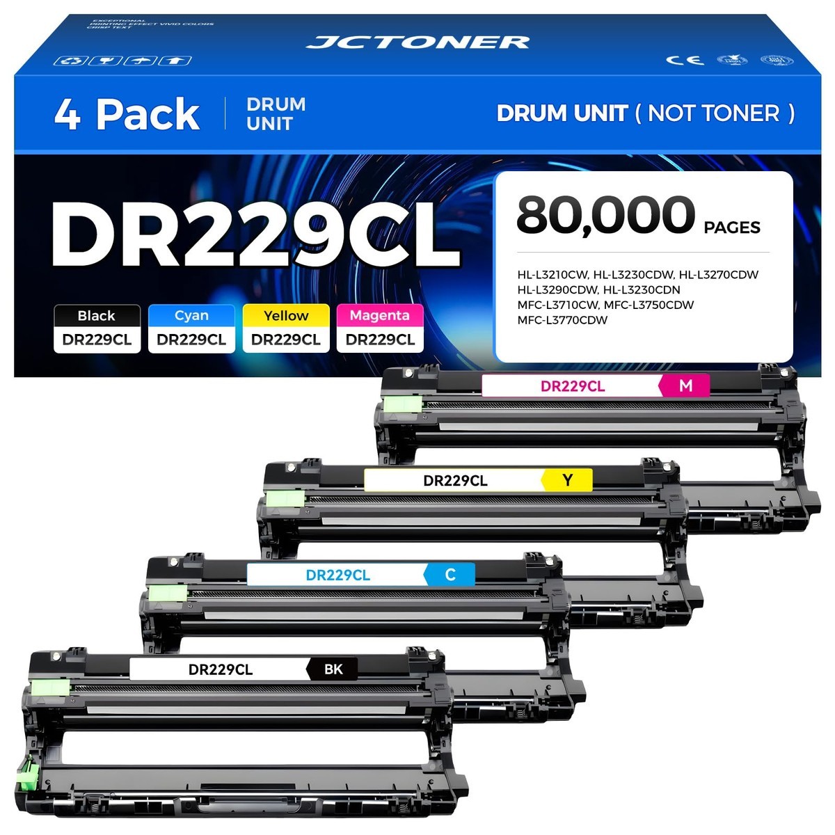 JCTONER DR-229CL 4-Pack Drum for Brother MFC-L3720CDW MFC-L3780CDW HL-L3220CDW