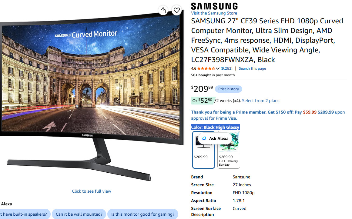 Samsung 27" CF398 Curved LED Monitor FHD 1080p 60hHz FreeSync LC27F398FWNXZA