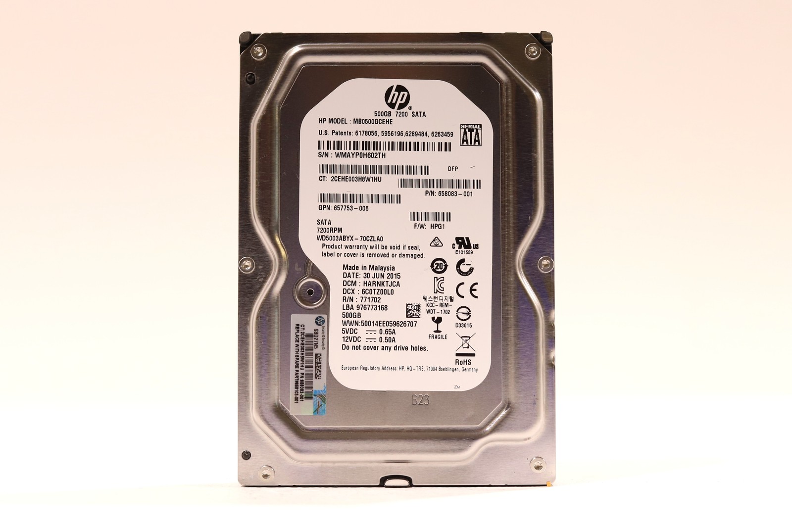 HP MB0500GCEHE 500GB 3.5" 6Gb/s 7.2K RPM SATA Hard Drive P/N: 657753-006 Tested
