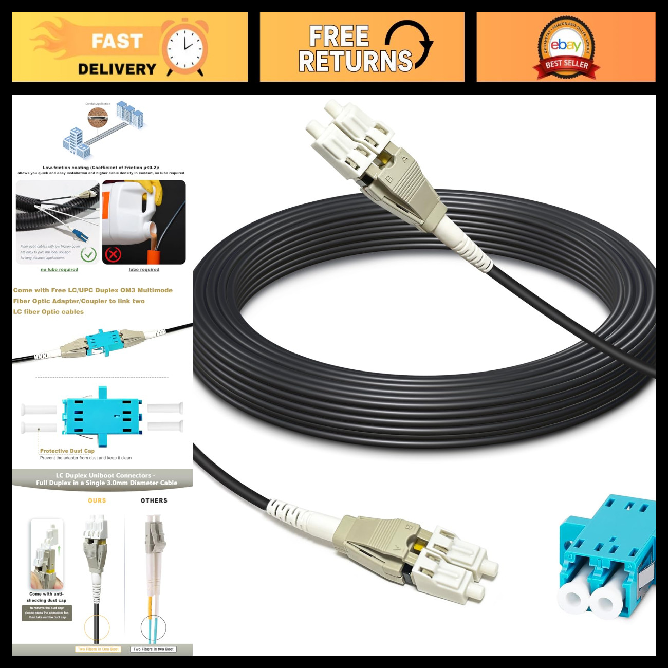 50ft Outdoor Armored OM3 Fiber Optic Cable LC to LC, 40GB/10GB Duplex, Low Frict