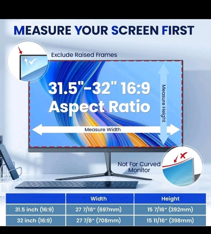 Magnetic 32 Inch Privacy Screen for Frameless Computer Monitor 16:9 Aspect Ratio
