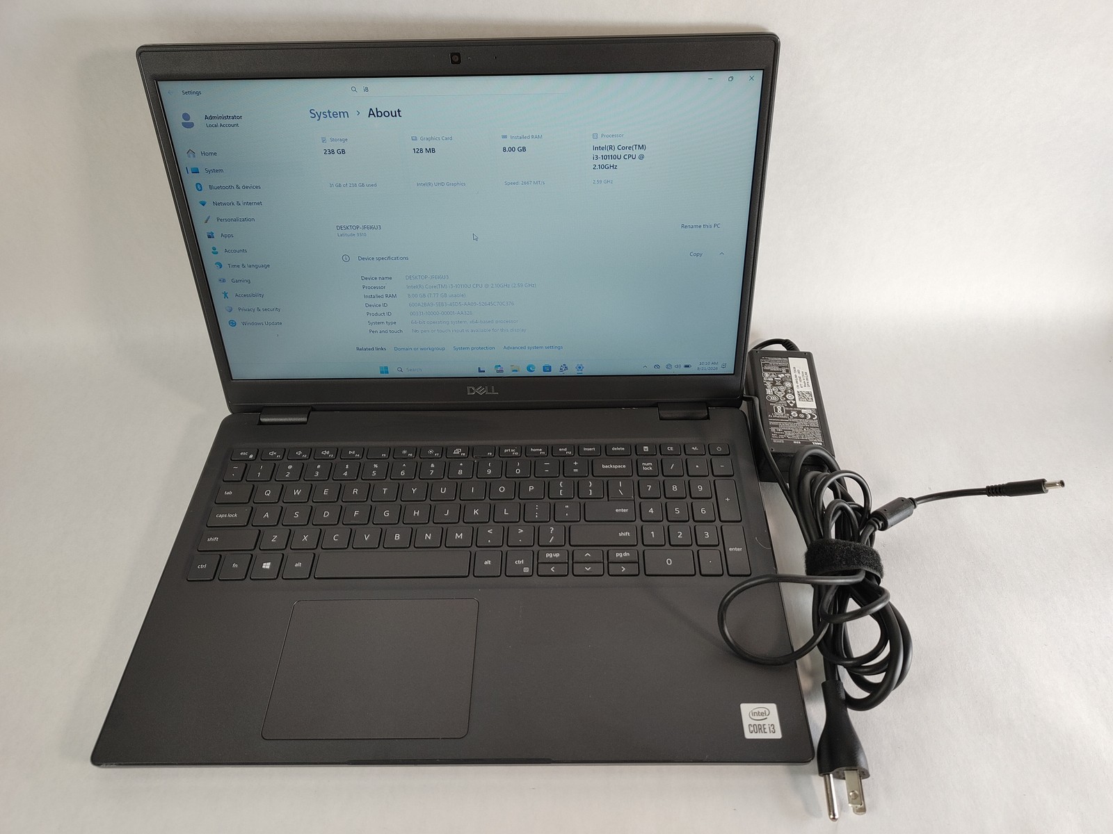 Dell Latitude 3510 Core i3-10110U 2.10 GHz 8 GB DDR4 256 GB NVMe Windows 11 Pro