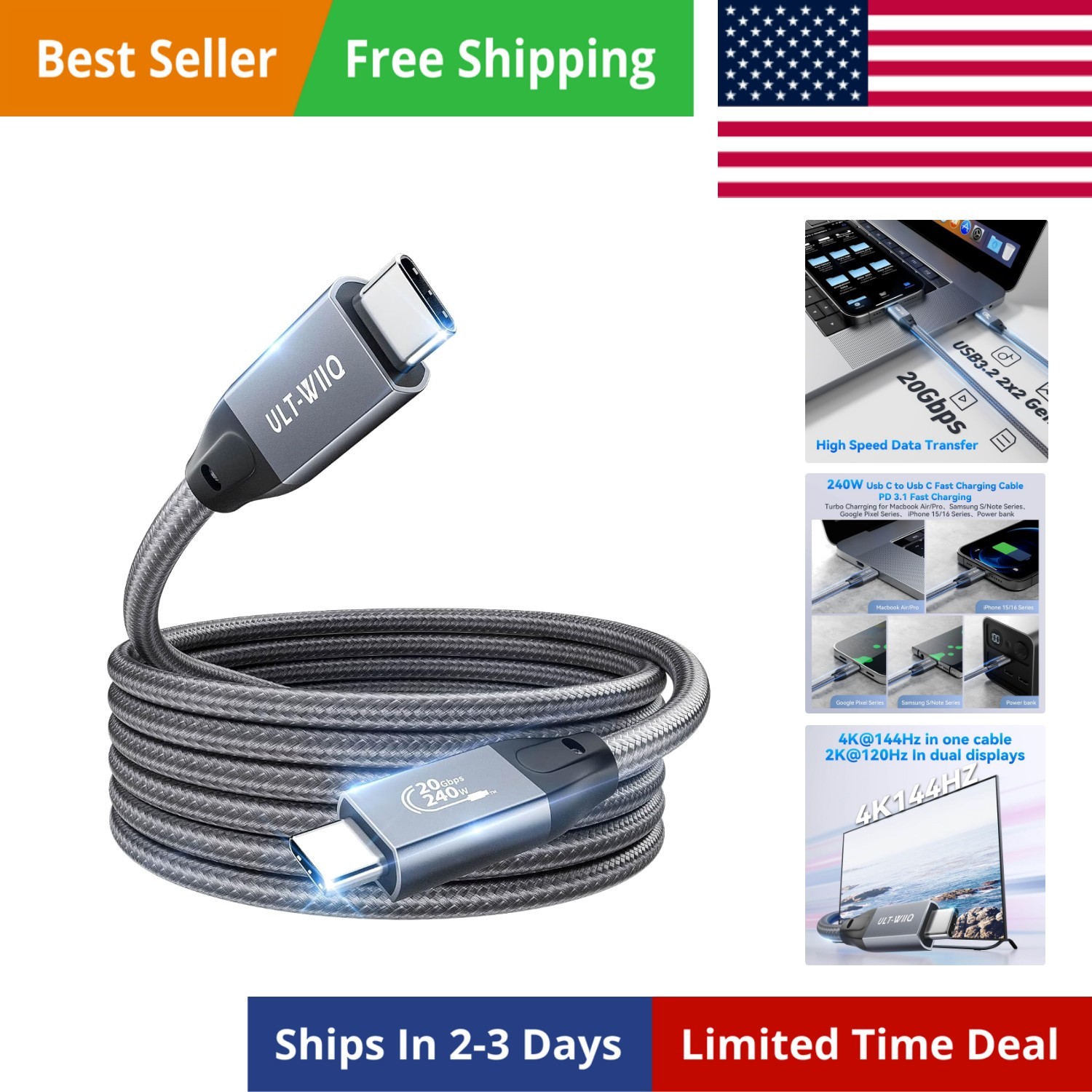 16FT Nylon Braided USB C to USB C 3.2 Gen 2 x 2 Video Cable for Monitor, 8K@3...