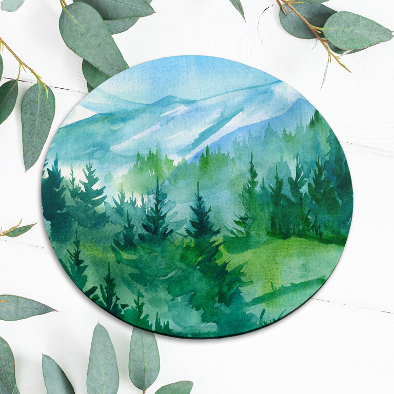 Green Watercolor Mountains Forest Mouse Pad Mat Office Desk Table Accessory Gift