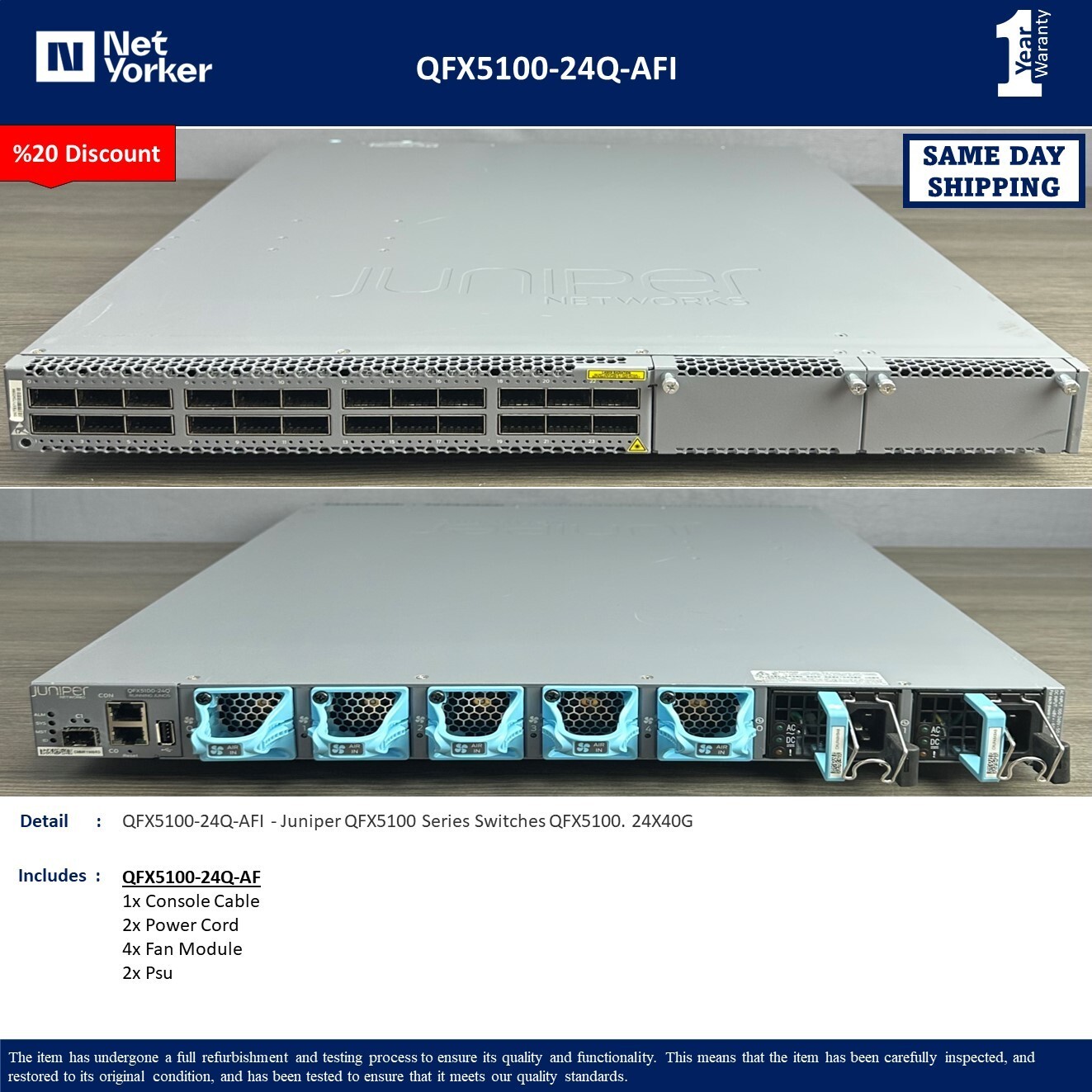 Juniper QFX5100-24Q-AFI 24-Port 40Gb QSFP+ Managed Network Switch