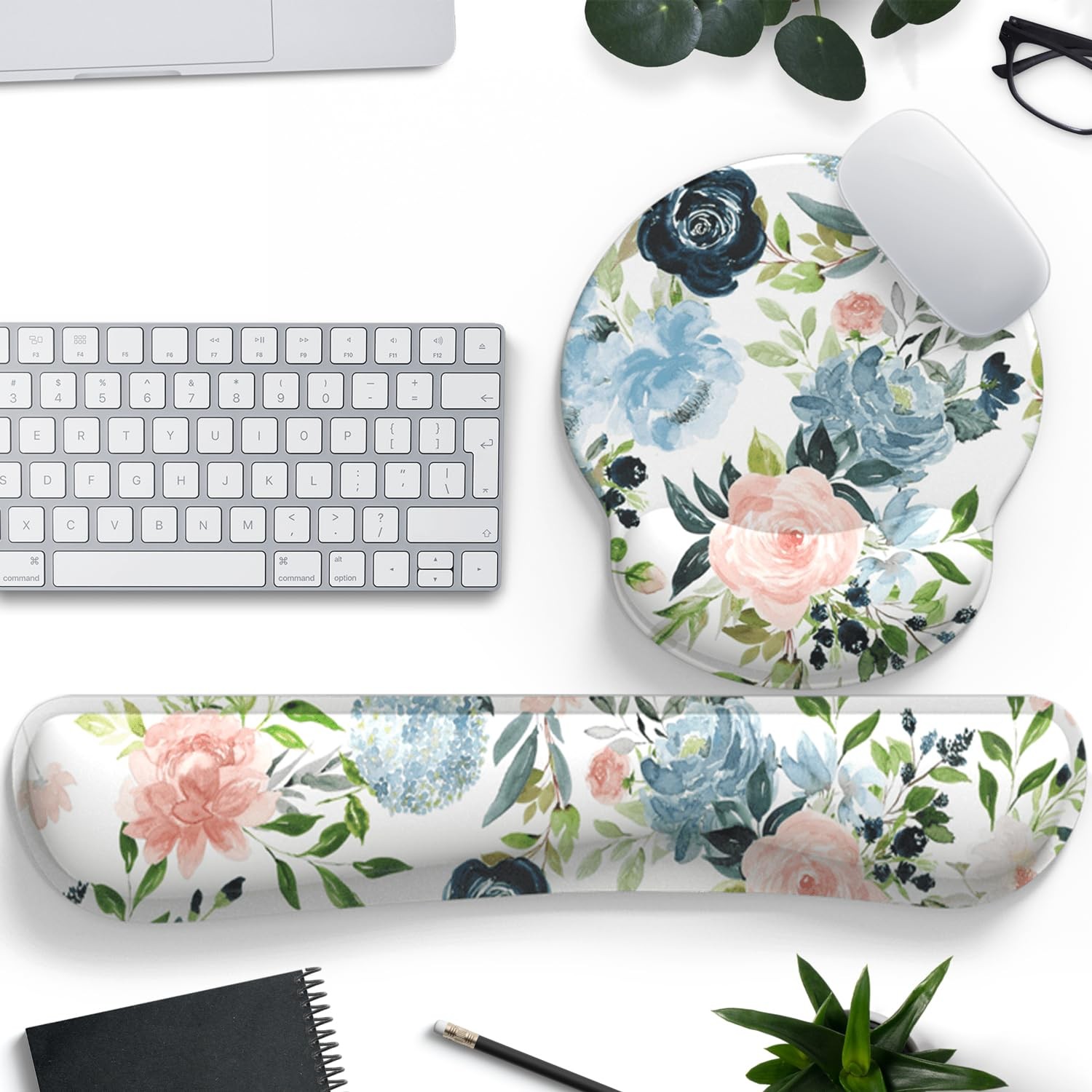 Green Blue Pink Floral Mouse Pad Wrist Support Keyboard Wrist Rest Set, Ergon...