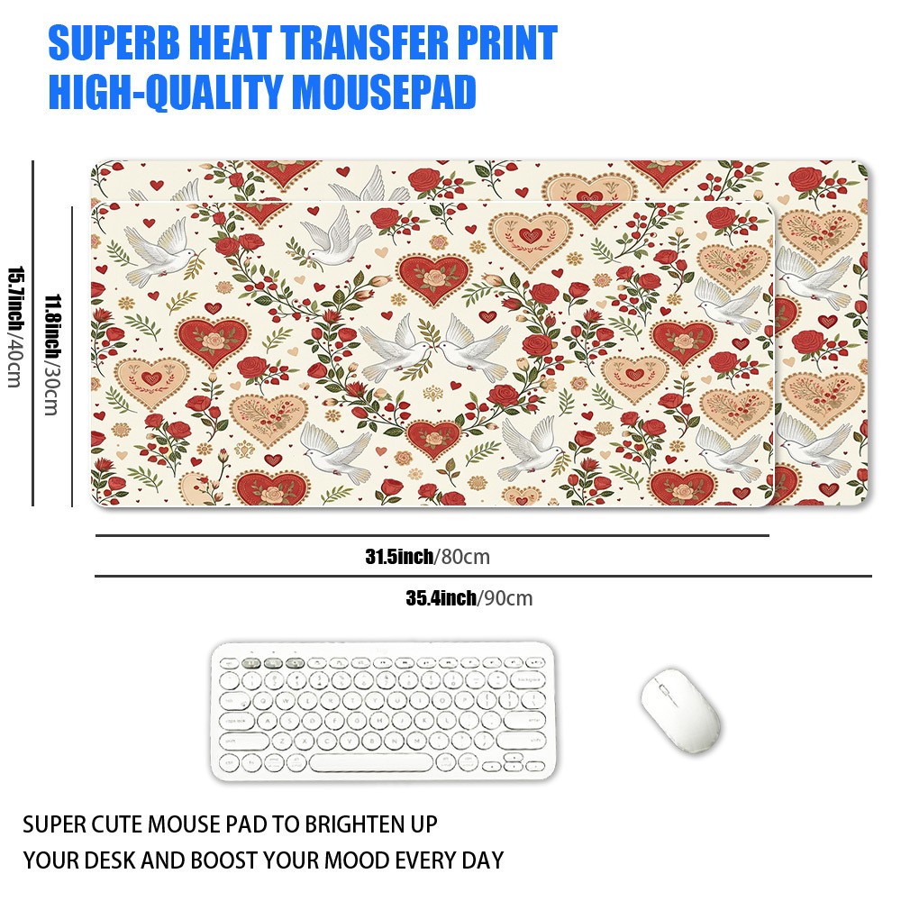 1 XXL Vintage Love Heart White Dove Mouse Pad, Romantic Red Rose Floral Print