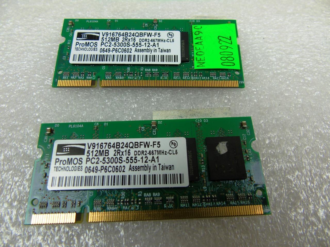 1GB (2x 512MB) - ProMOS PC2-5300 DDR2 Memory - 434741-001, V916764B24QBFW-F5