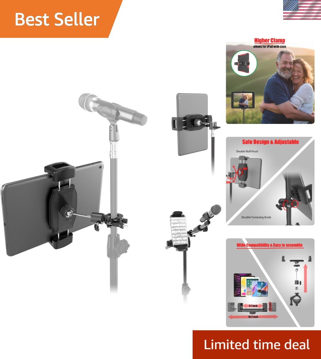 Tablet Holder for Mic Stand with 360° Ball Head and 3/8 to 1/4 Adapter, Micro...