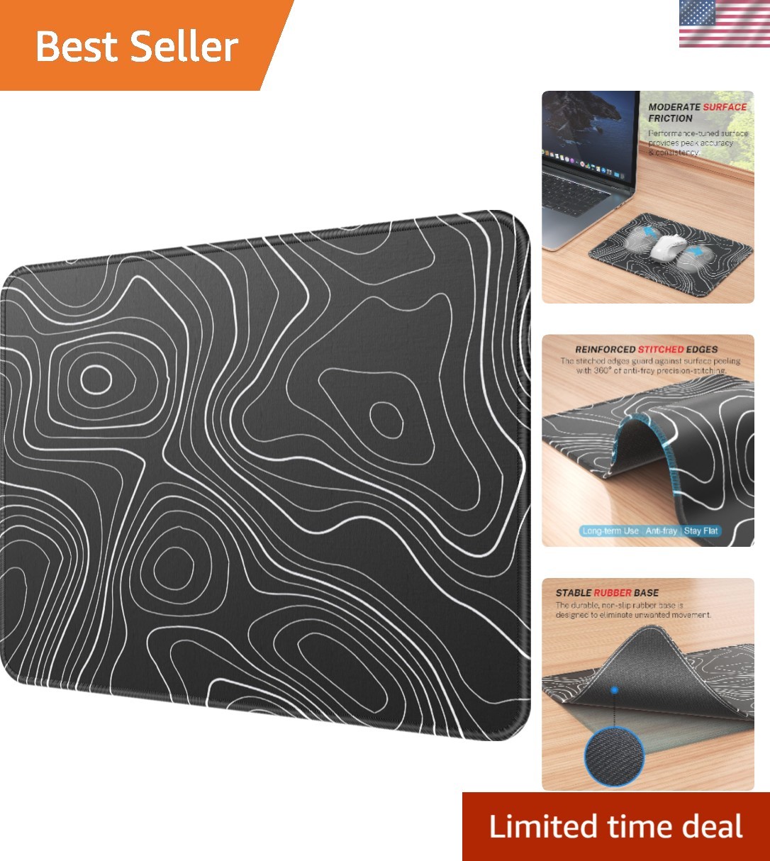 Versatile 8.5 x 11 Non-Slip Mouse Pad for Office & Gaming – Black Topographic