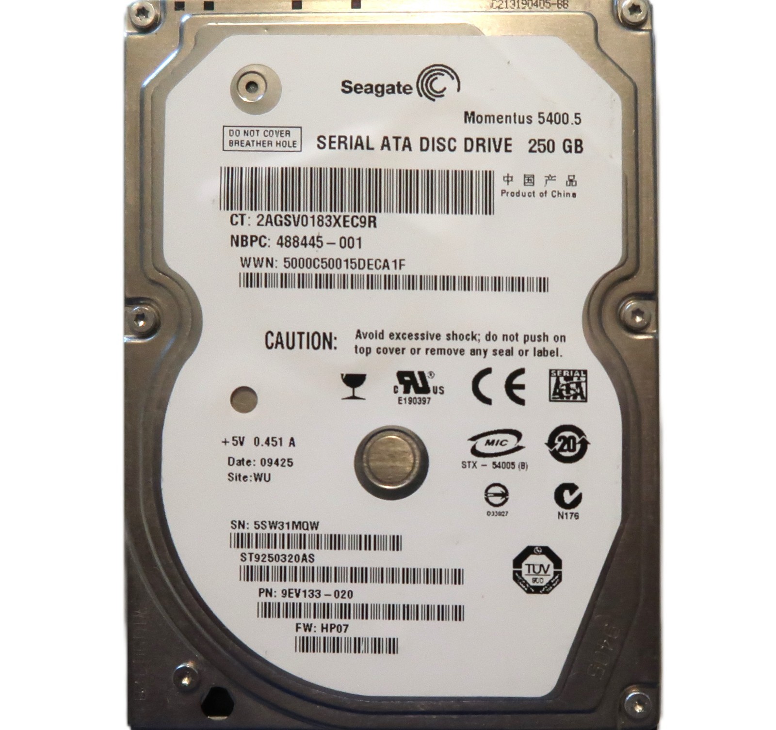 Seagate ST9250320AS 9EV133-020 (5SW3) China WU HP07 250gb 2.5" Sata HDD APR/2009