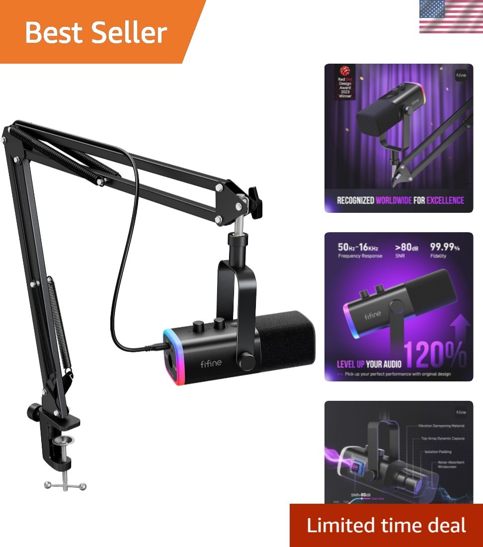 AmpliGame AM8T RGB XLR/USB Gaming Microphone Set with Boom Arm & Mute Function