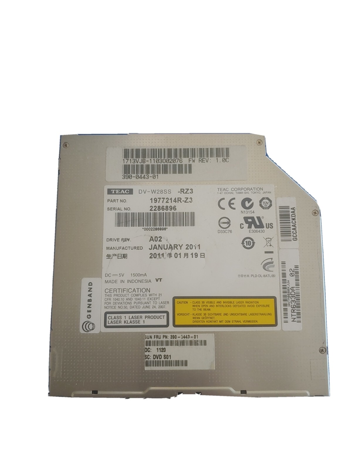 Sun 390-0443 SATA 8X DVD-RW / 24XCD-RW Slimline Drive 4z