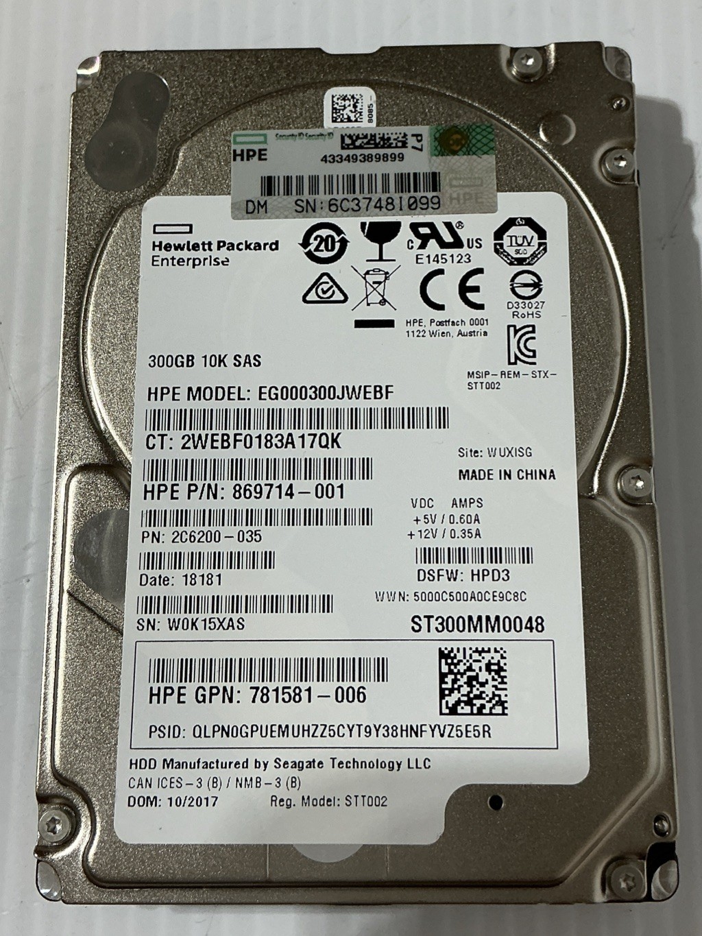 HPE EG000300JWEBF 300GB 2.5" 12Gb/s 10K RPM SAS Drive  P/N: 869714-001