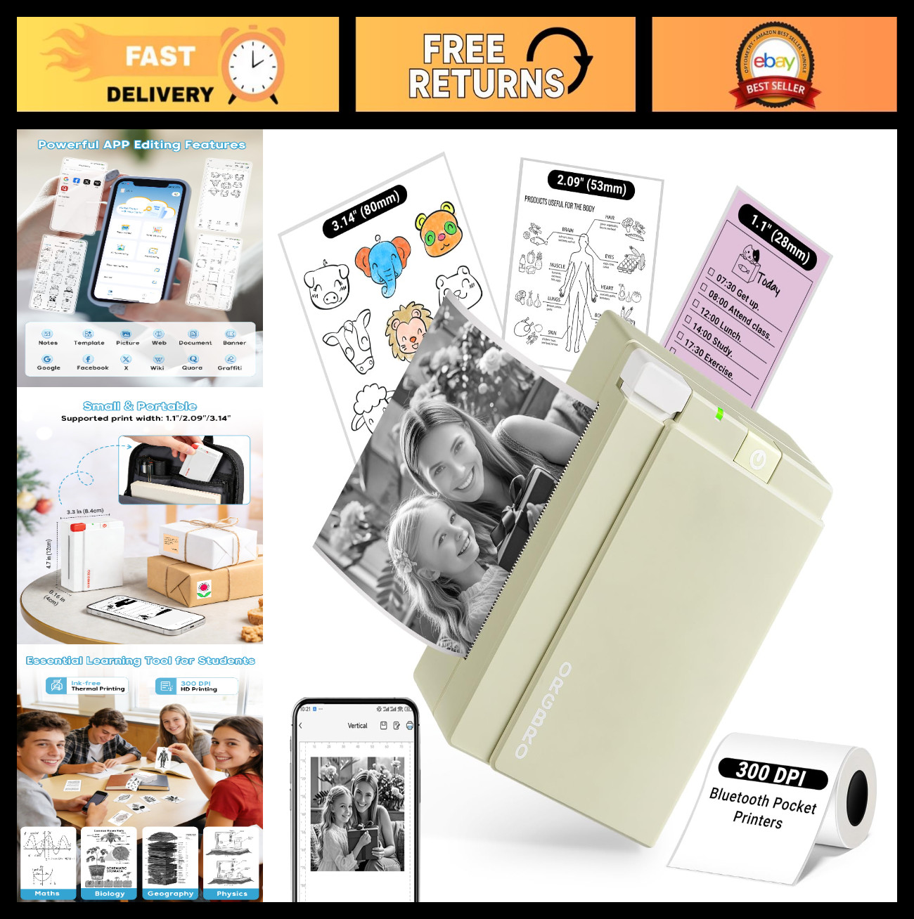 Portable Mini Sticker Printer - Inkless Thermal 300 DPI Bluetooth Printer for DI