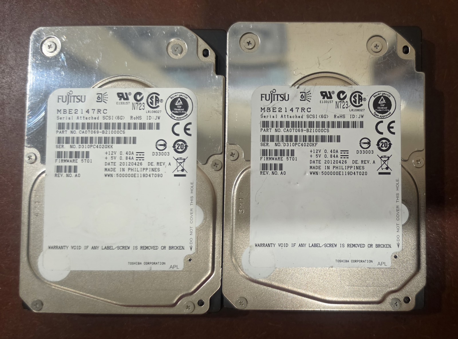 (2) MBE2147RC Fujitsu ENTERPRISE 146GB 6Gb/s 2.5" SAS HDD Hard Drive, UNTESTED 