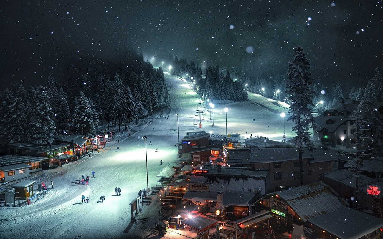 Landscape nature snow forest village lights night cold Custom Gaming Mat Desk