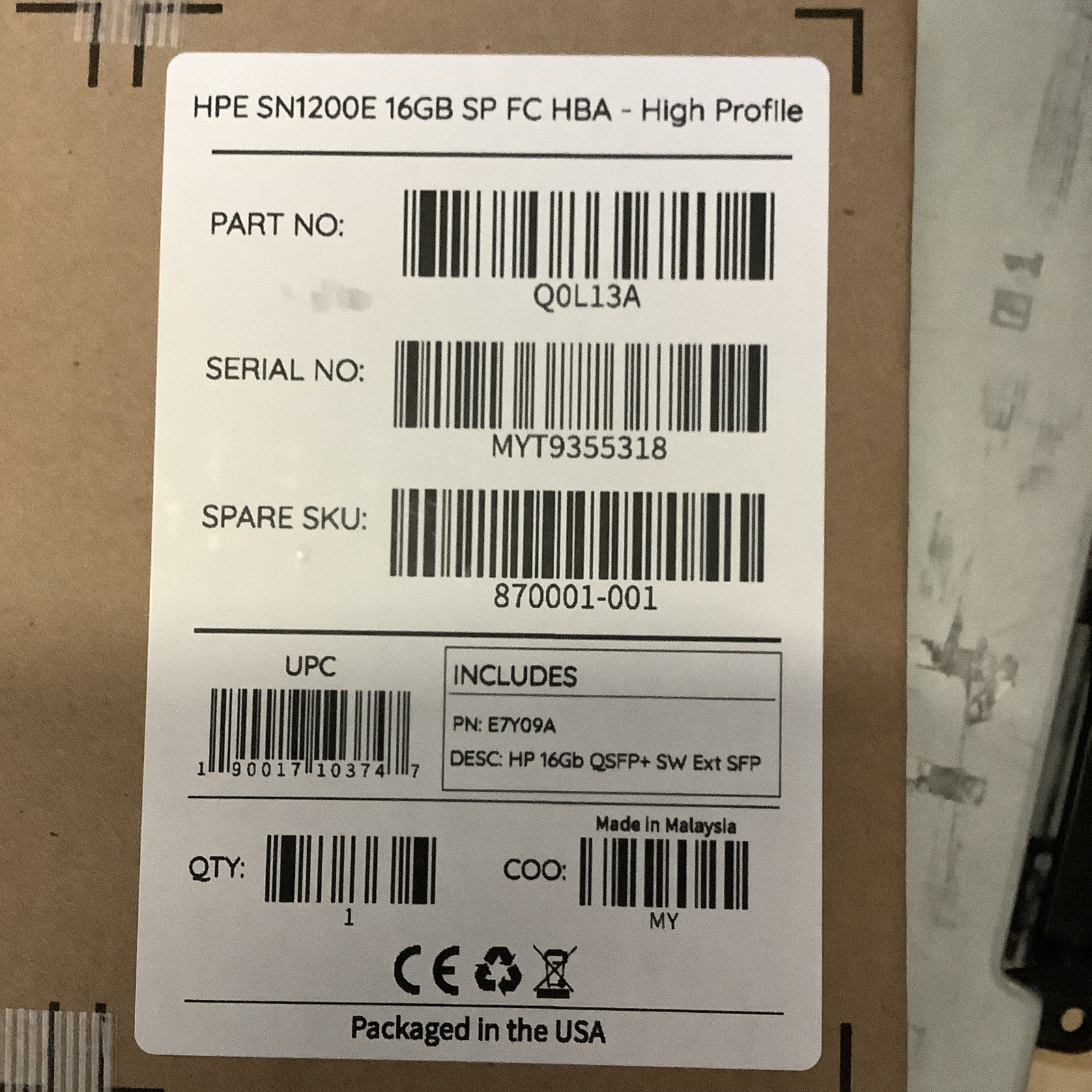 HPE SN1200E 16Gb Fibre Channel HBA 1-Port SFP+ PCIe High Profile Q0L13A