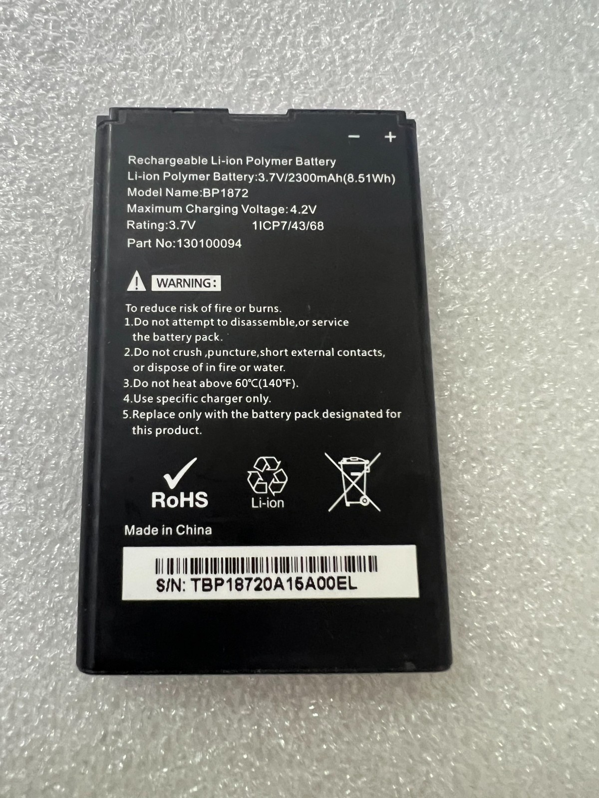 BP1872 130100094 Li-ion Battery 3.7V 2300mAh 8.51Wh for Handheld Scanner