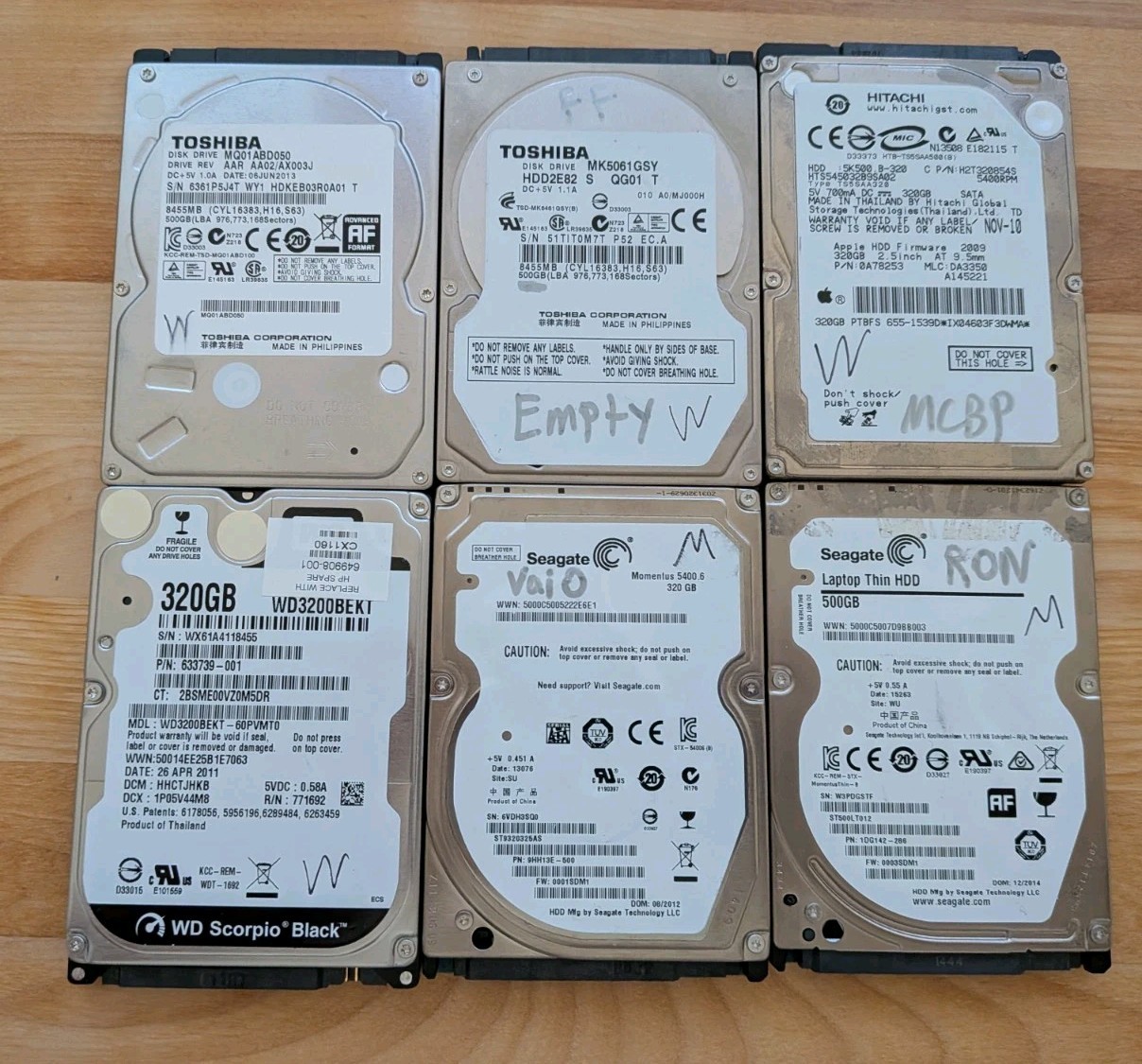 Lot of 6 Mixed Brand/Capacity 2.5” SATA Laptop HDD Hard Disk Drives