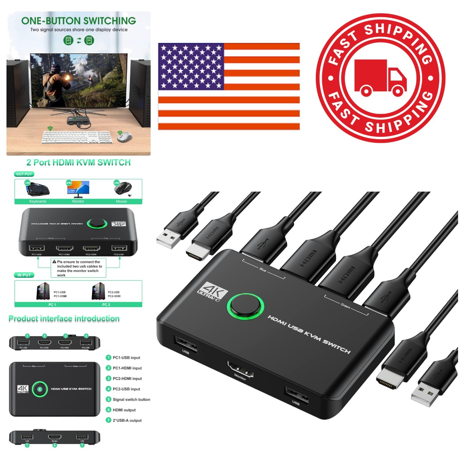 4K KVM Switch HDMI 2 Port Box for Two Computers Share Keyboard Mouse