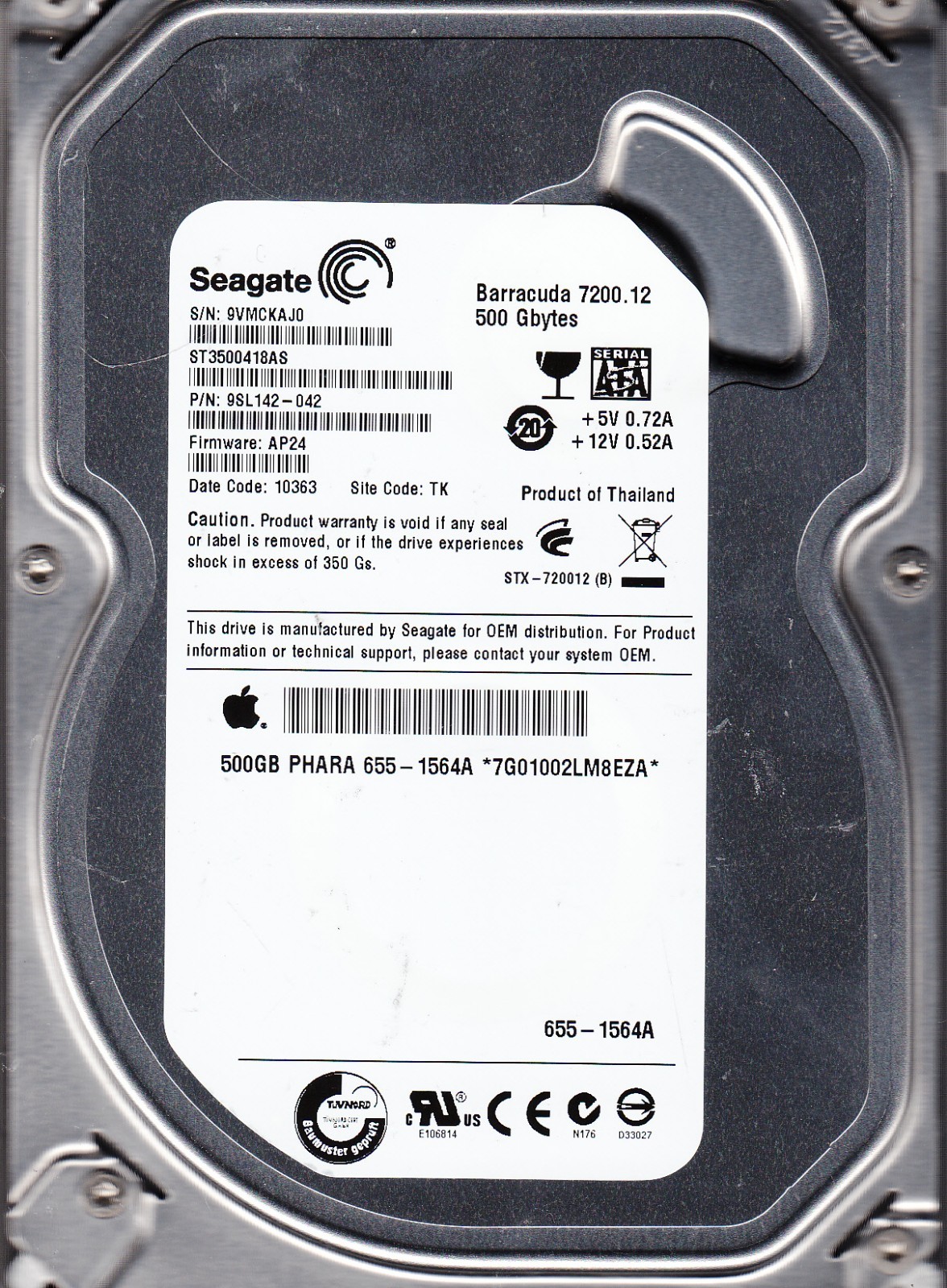 ST3500418AS p/n: 9SL142-042 s/n: 9VM f/w: AP24 2010 TK 500GB SATA 3.5" SEAGATE