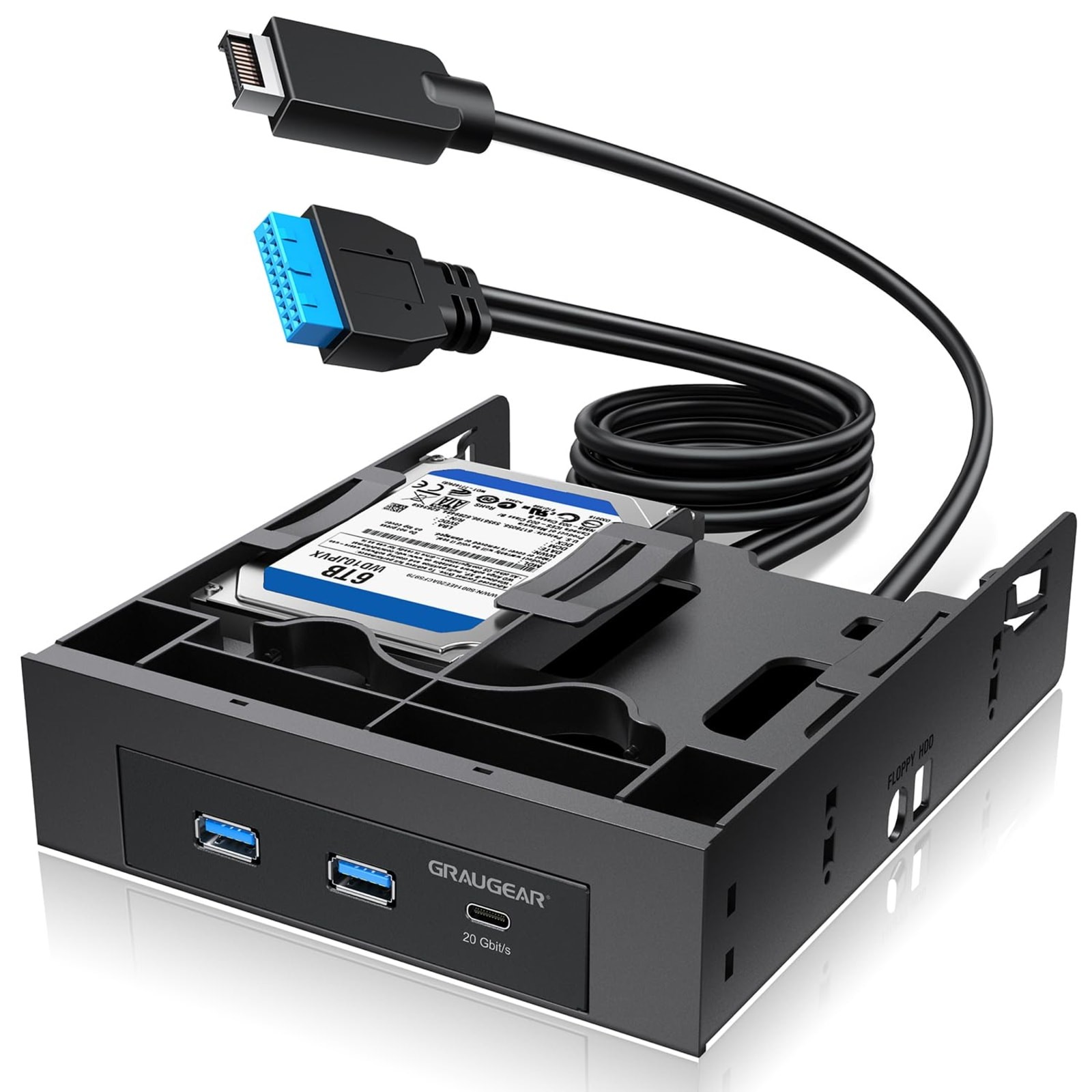 GRAUGEAR 5.25" Panel USB-C 20Gbps Hub 2x USB-A 5Gbps Dual 2.5" SSD HDD Bays