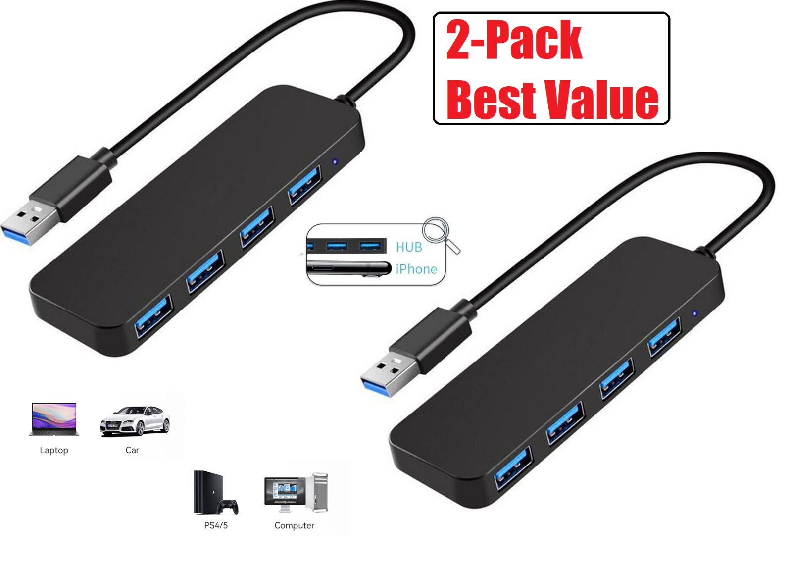 Paquete de 2 concentradores USB 3.0 de 4 puertos (divisor/expansor USB) para PC