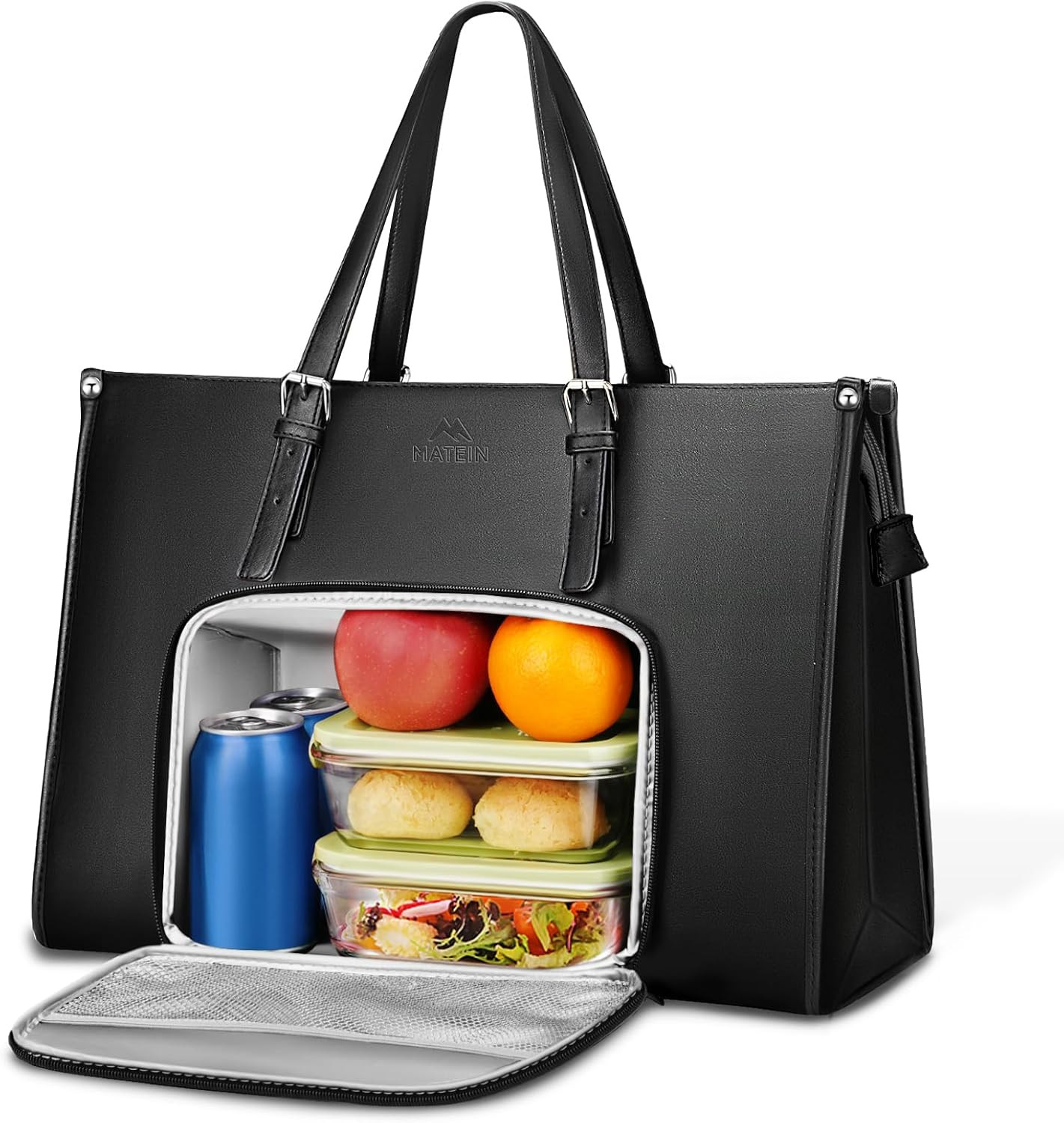 Laptop Tote Bag with Insulated Lunch Compartment, 15.6 Inch PU Leather Briefcase