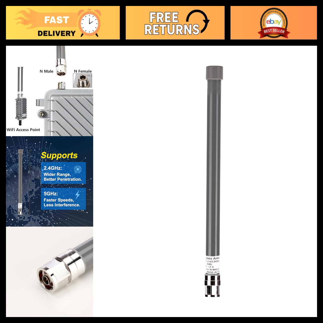 6dBi Dual Band WiFi Antenna - 2.4GHz & 5GHz Mini Omni N-Male Connector for Outdo