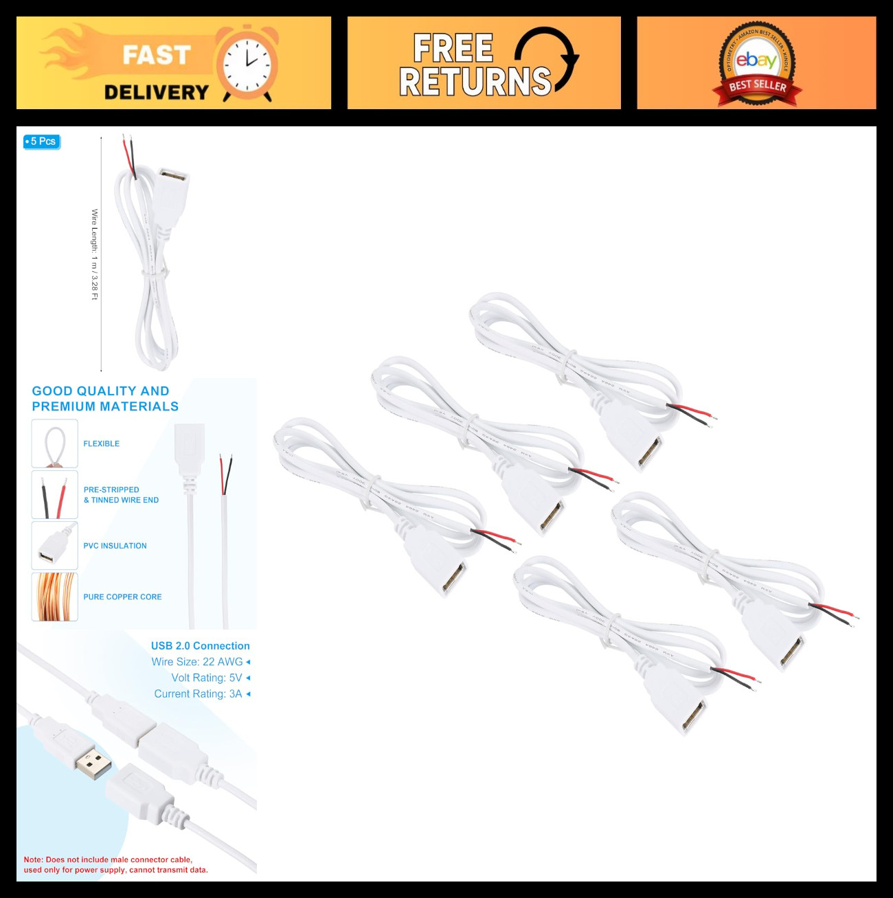 3.28Ft USB 2.0 Female to 2 Pin Bare Wire Pigtail Cable - 5pcs 22AWG Power Connec