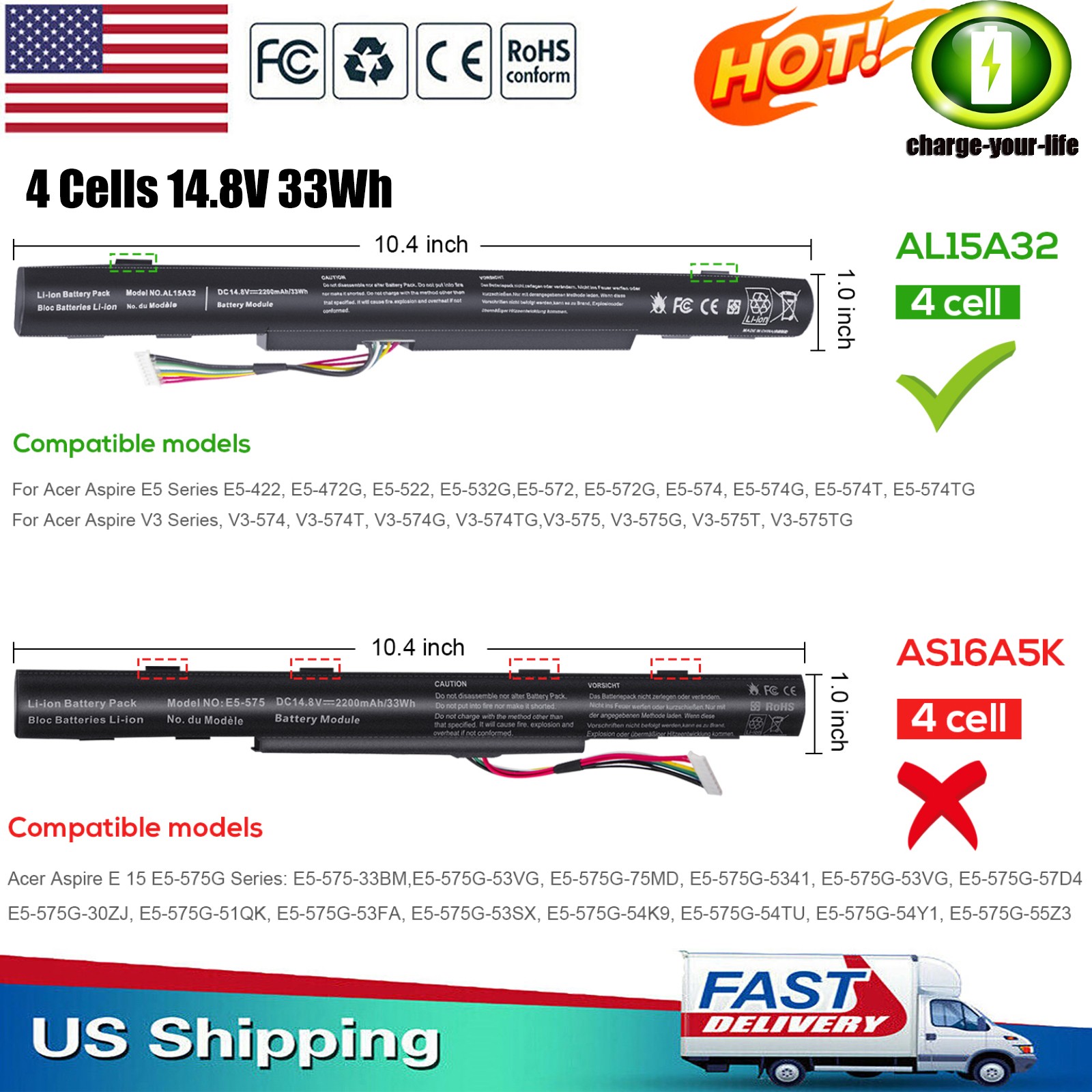 ✅New AL15A32 Laptop Battery for Acer E5-422 E5-472 E5-473 E5-522G E5-532 V3-574G