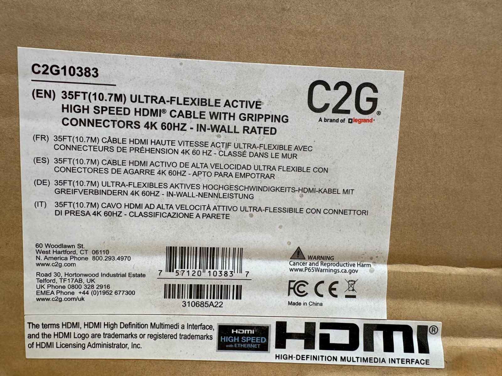 C2G 35ft Ultra Flexible 4K Active HDMI Cable W/ Gripping 4K 60Hz  (P/N: 10383)