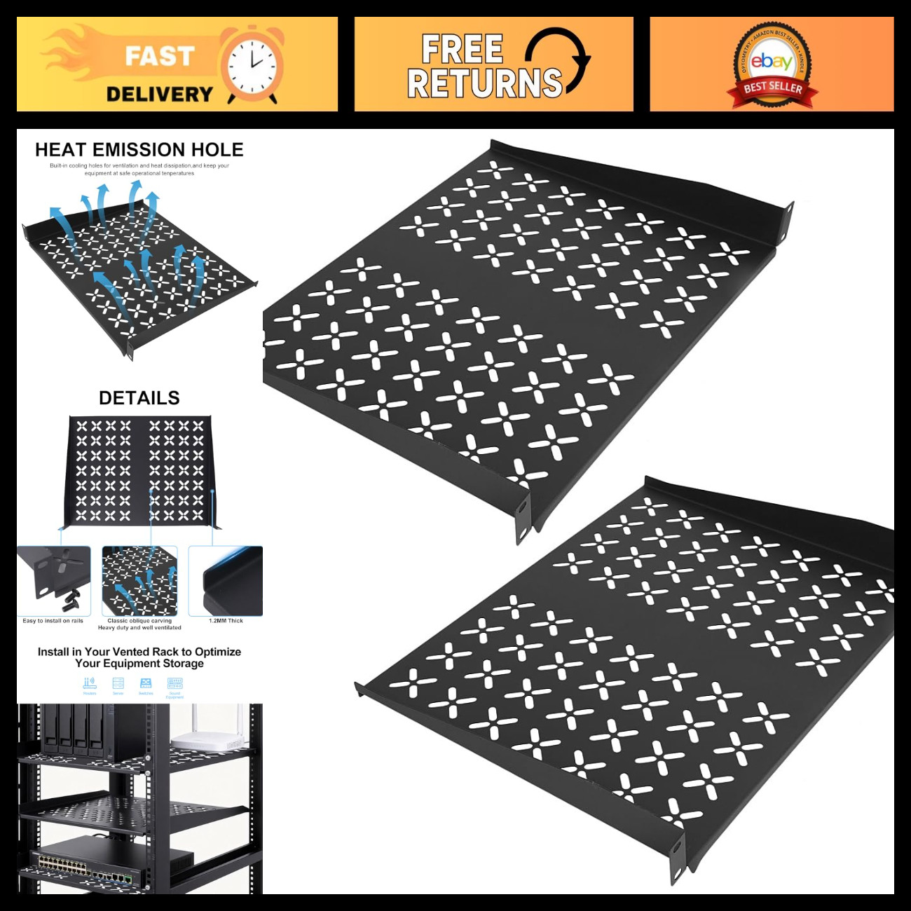 Universal 1U Vented Rack Shelf - 14" Cantilever Tray for 19" Server Equipment -