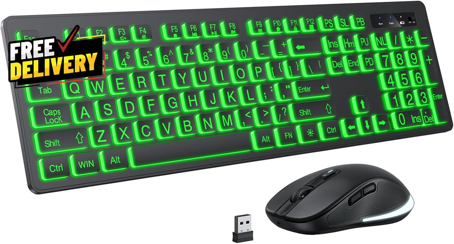 Large Print Wireless Keyboard and Mouse 7 Colors Backlit Keyboard Oversize Le...