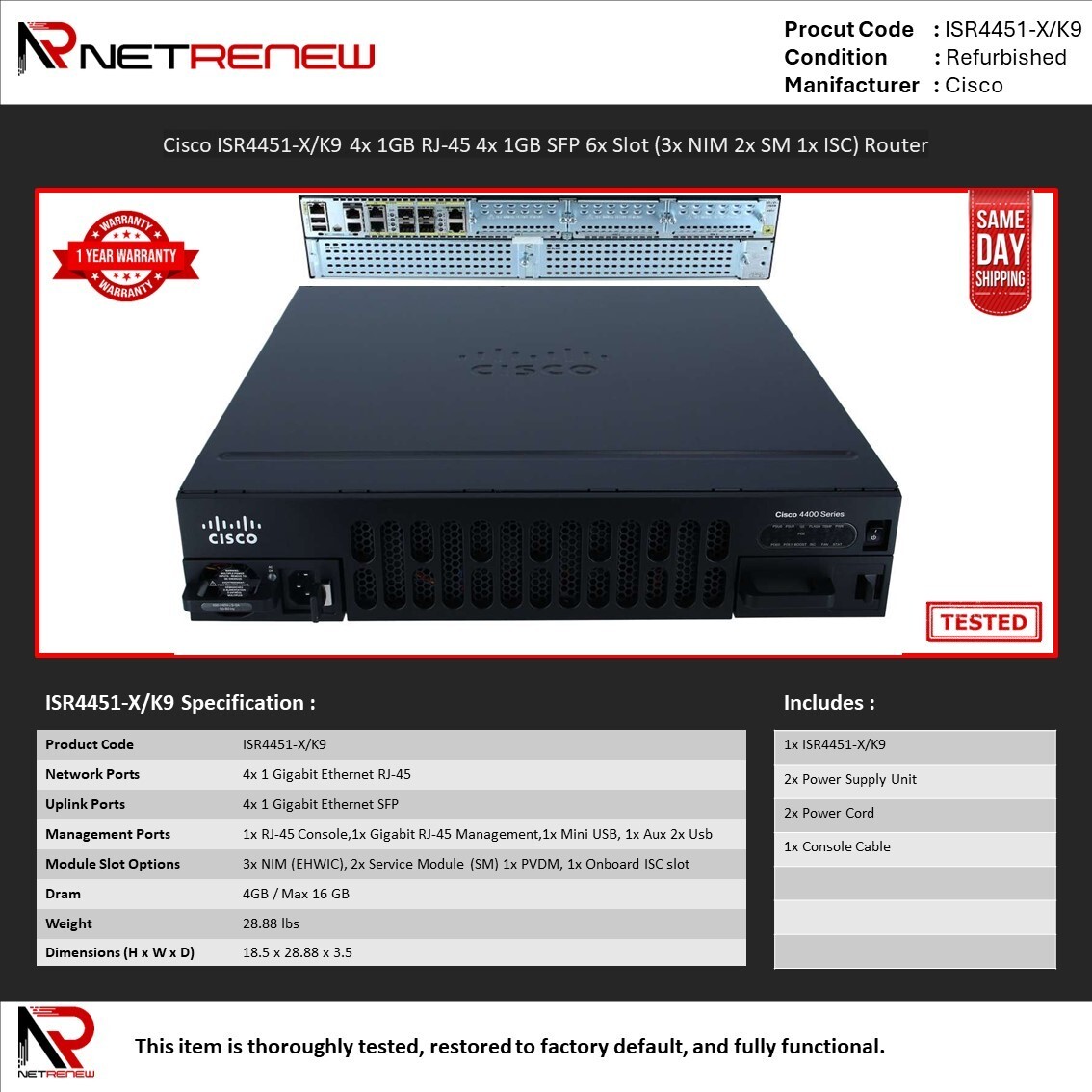 Cisco ISR4451-X/K9 4x 1GB RJ-45 4x 1GB SFP 6x Slot Router