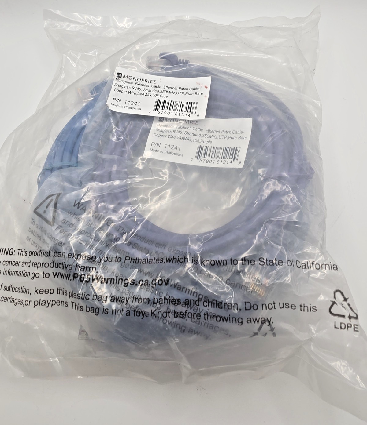 2-Pack Monoprice Cat5e Ethernet Patch Cables RJ45 UTP 24AWG 350MHz 50ft & 10ft