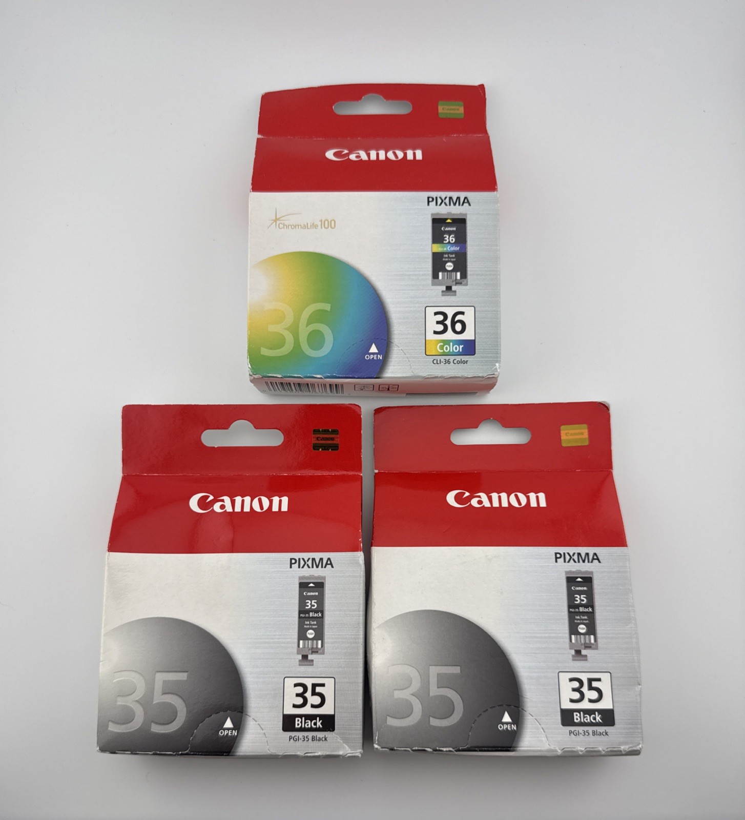 LOT OF 3 Genuine Canon Pixma (1) 36 Tri-Color + (2) 35 Black Ink Cartridges NEW