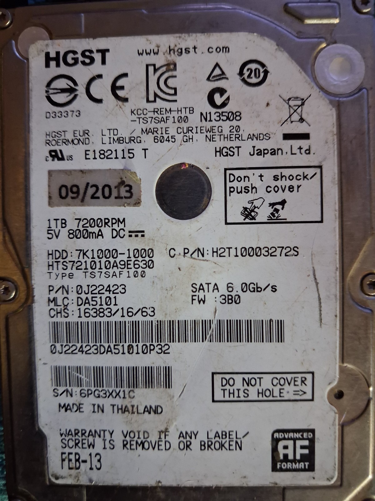 HGST HTS721010A9E630 5V 800mA DC SATA 6.0GB/S 1TB 7200RPM 100%HEALTH FW:3B0