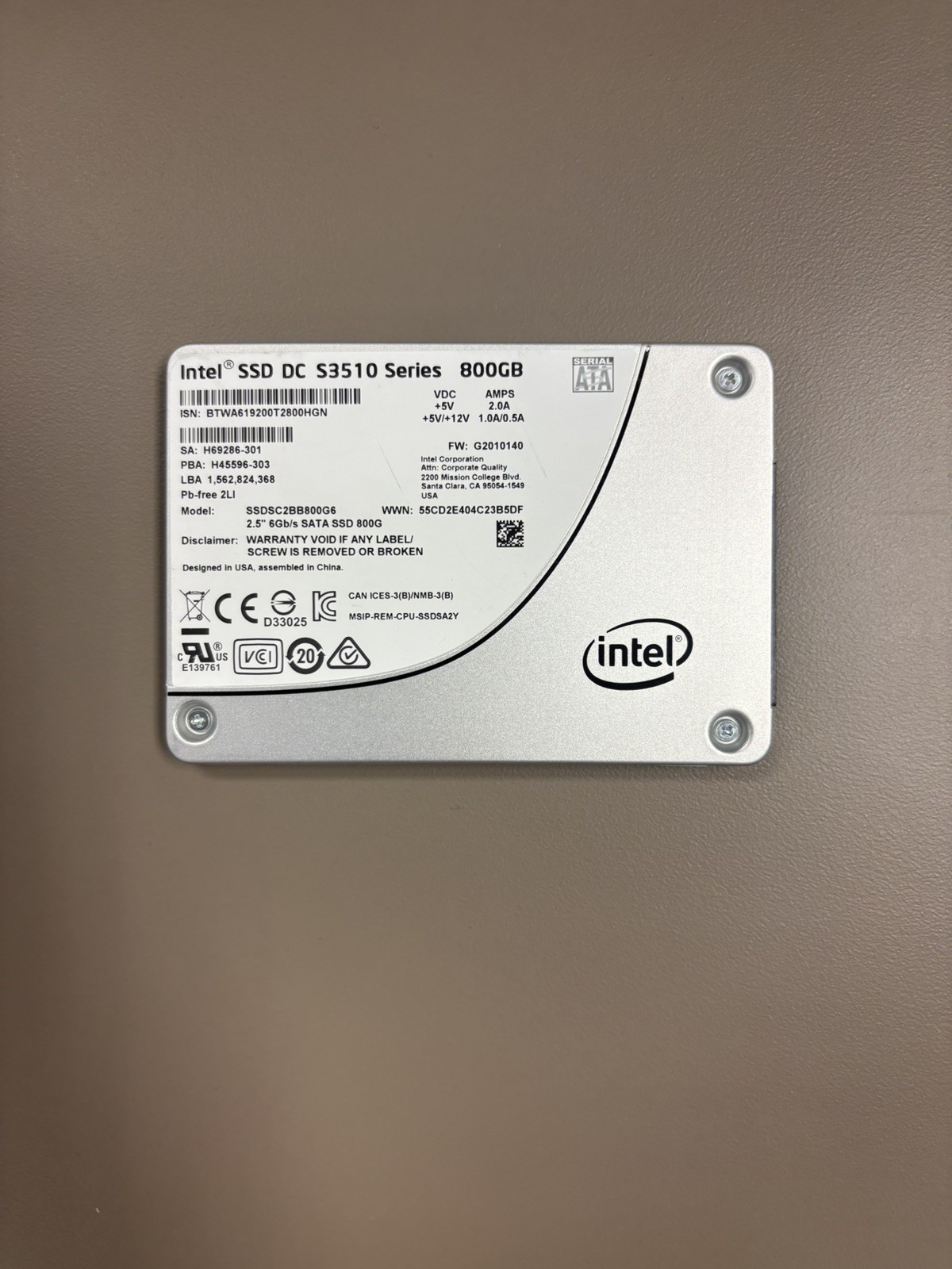 Intel DC S3510 800GB 2.5" SATA 6Gb/s Enterprise SSD SSDSC2BB800G6